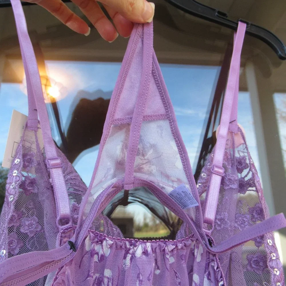 sheer floral nighty panty set embroidered & sequin accent size S - Picture 13 of 15